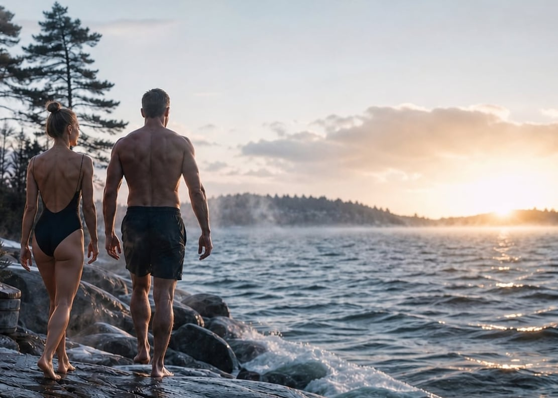 Two people walking along a Nordic shoreline toward cold water at sunrise
