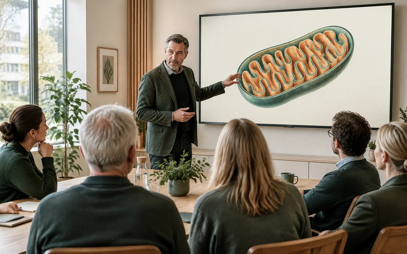 A presenter showing an illustrated cross-section of a mitochondrion to an audience seated around a table in a conference room
