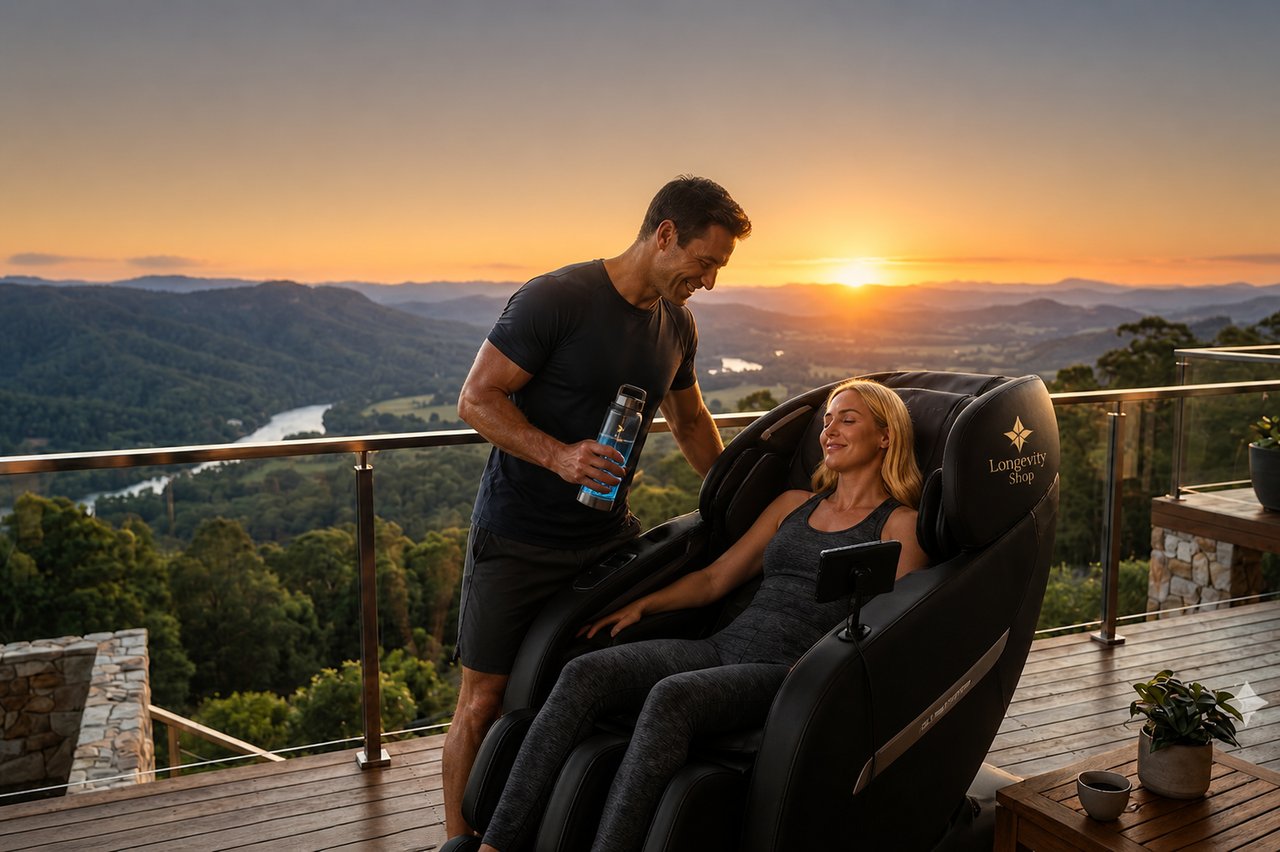 Couple enjoying a Longevity Shop massage chair at sunset