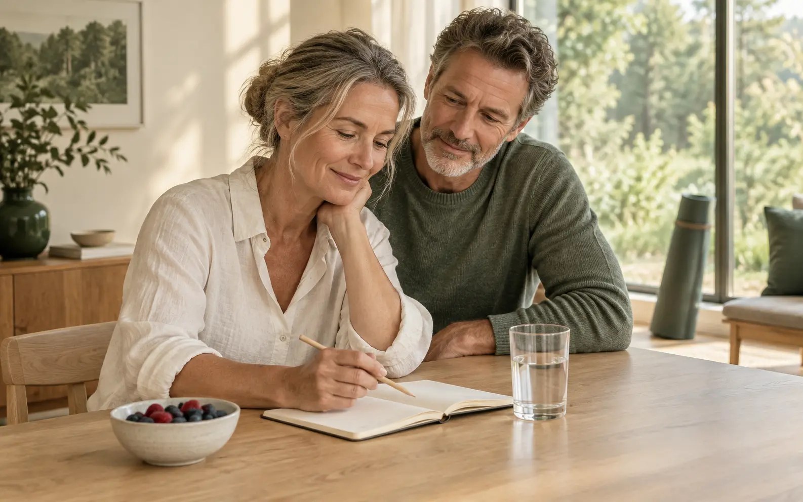 A couple at a sunlit table, writing in a journal together, with berries and a glass of water nearby